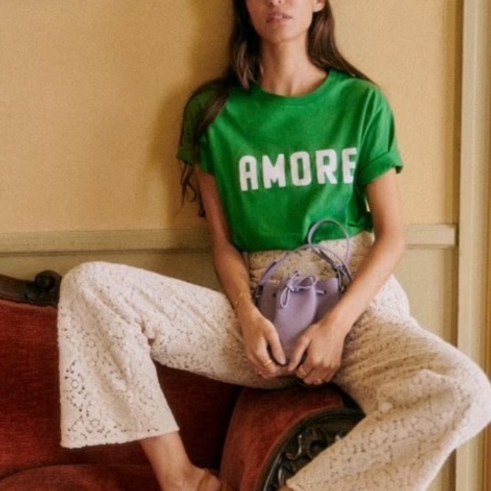 Sezane Amore Graphic Tee Green Organic Cotton Short Sleeve - XSmall